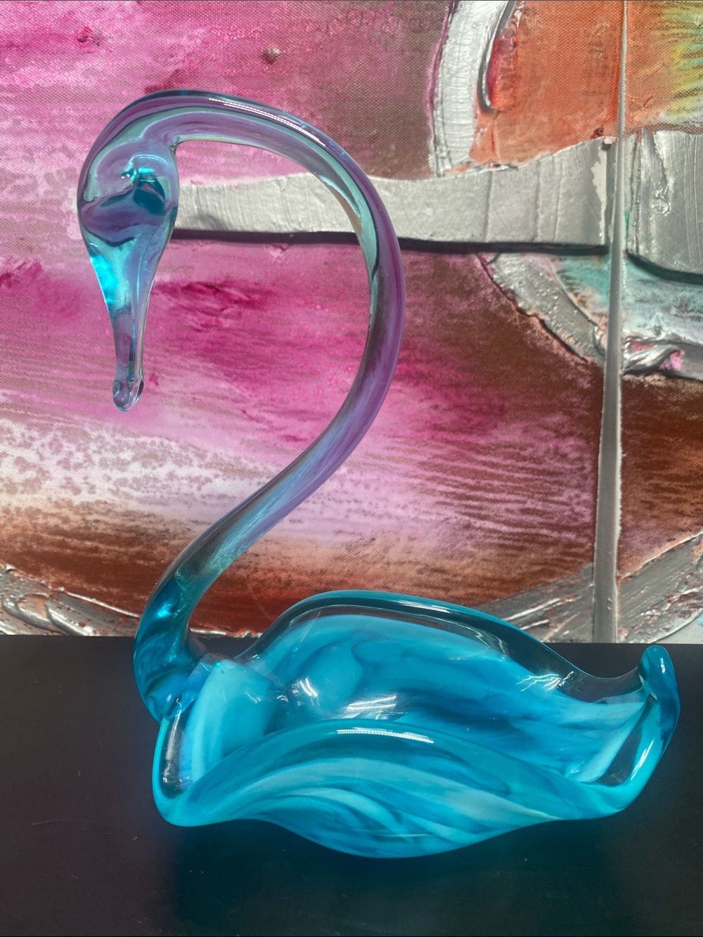 🍇 Vintage Hand Blown Glass Swan Candy Ring Dish Aqua Blue